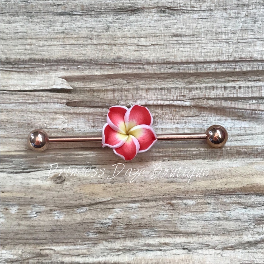 Red Hawaiian Flower Rose Gold‎ Industrial Barbell Earring